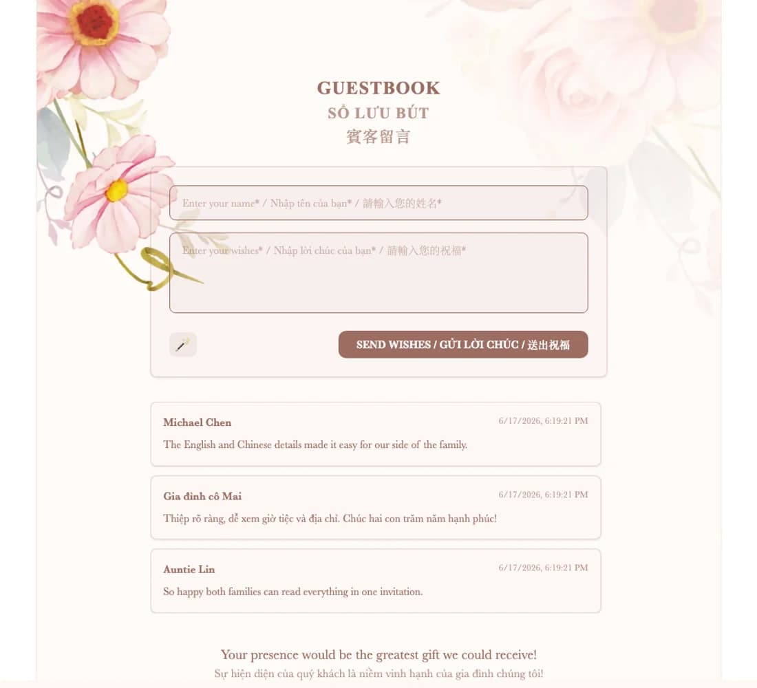 Guest wishes section shown inside the same multilingual wedding invitation
