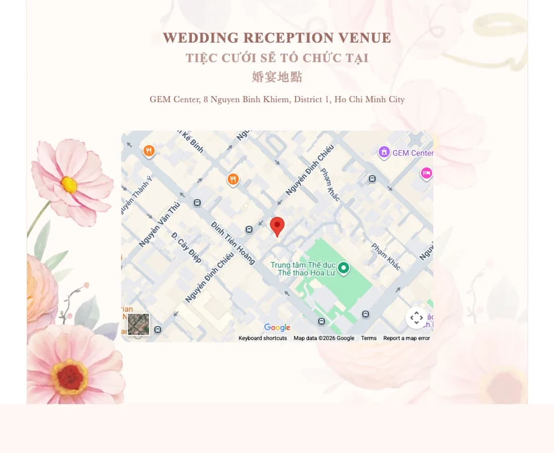 Wedding venue and map section in a multilingual invitation