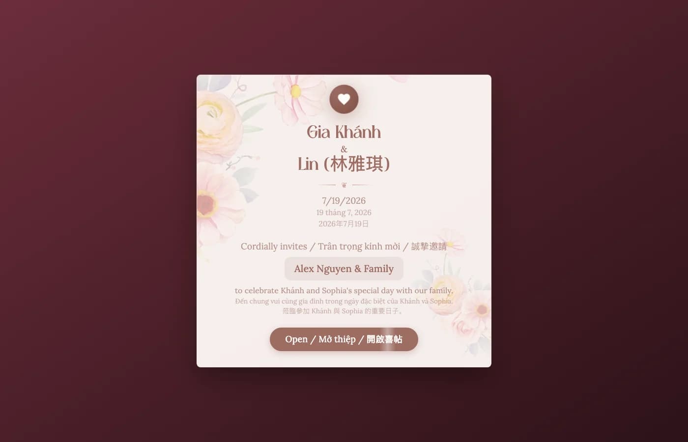 Personalized multilingual wedding invitation envelope with a named guest