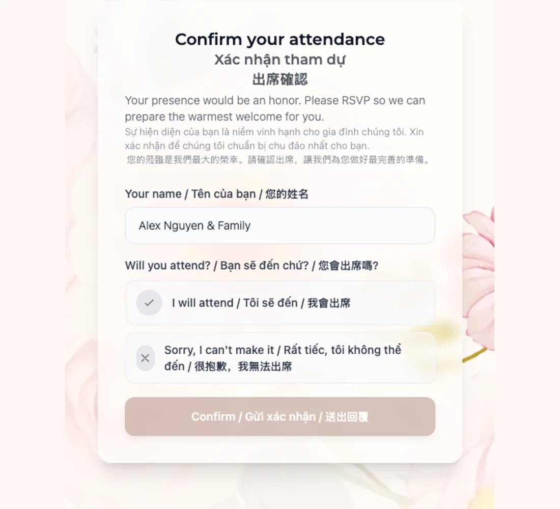 Multilingual RSVP form inside one online wedding invitation