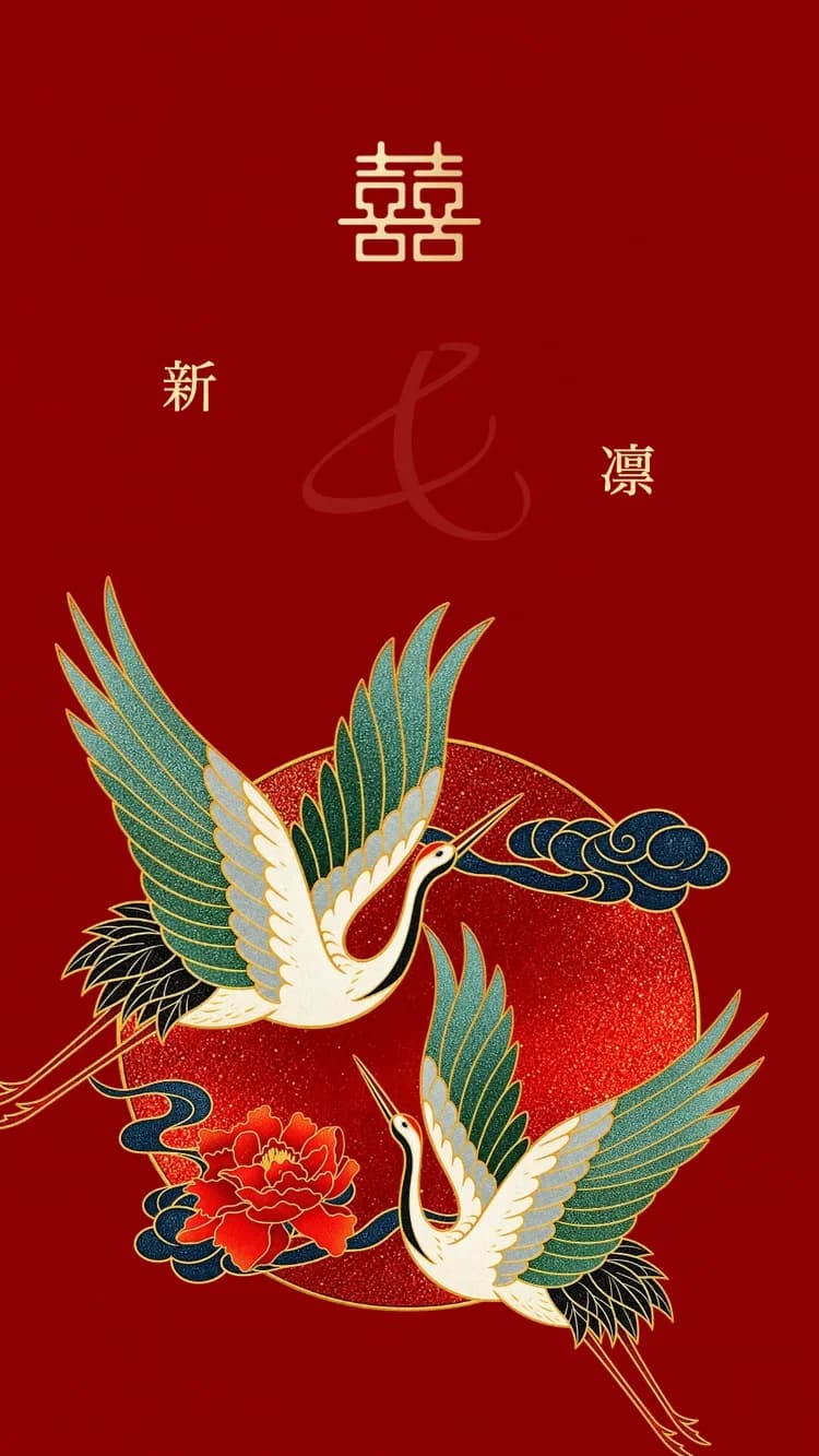 Double Crane - Red - オンライン結婚式招待状テンプレート