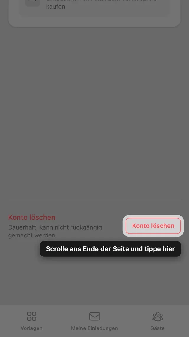 Die Schaltfläche zum Löschen des Kontos, unten auf der Kontoseite