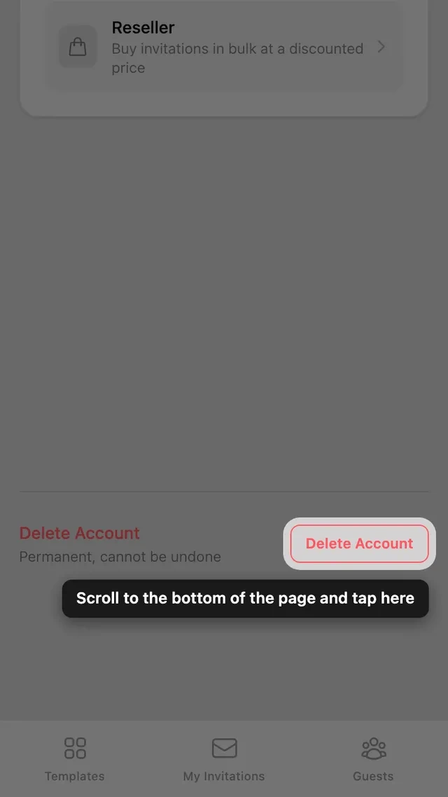 The Delete account button at the bottom of the Account page