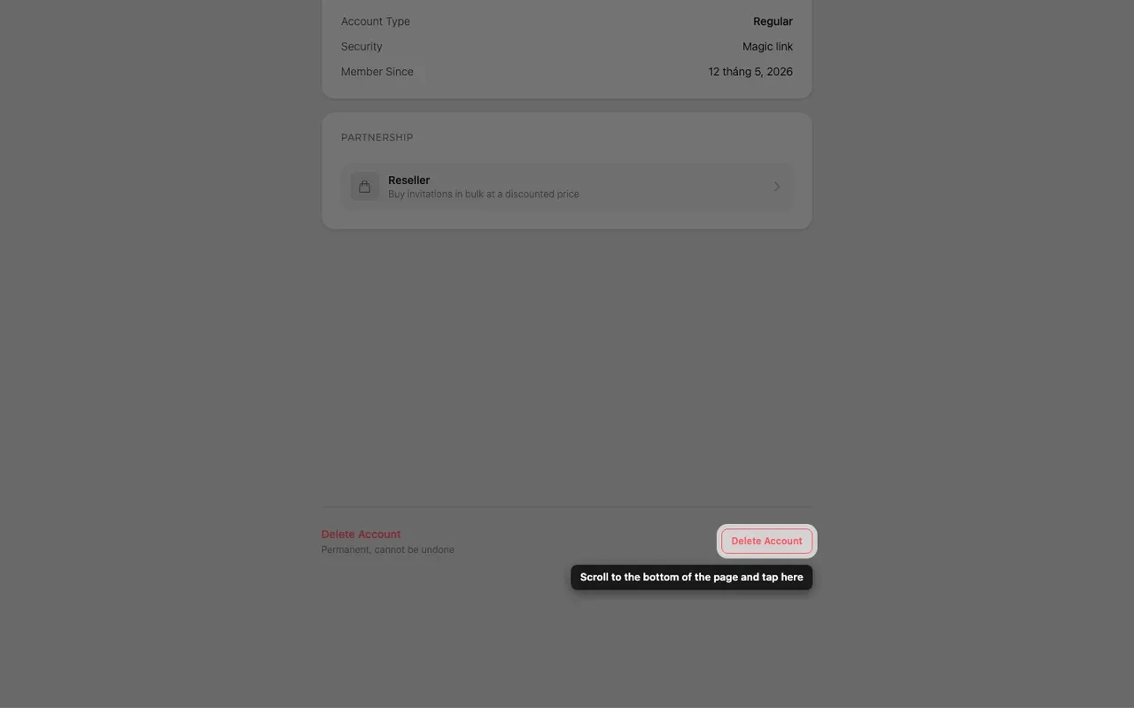 The Delete account button at the bottom of the Account page