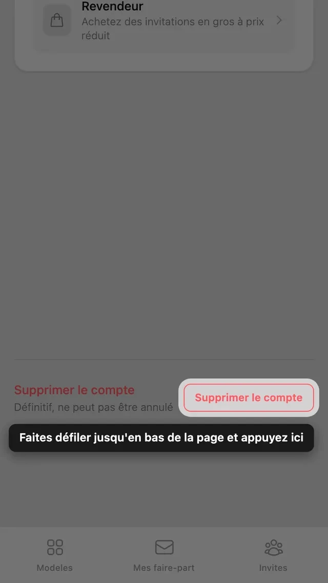 Le bouton de suppression du compte, en bas de la page Compte