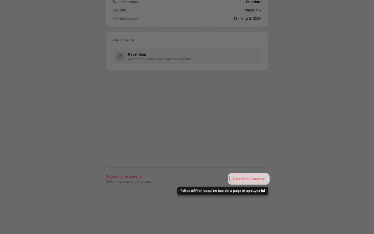 Le bouton de suppression du compte, en bas de la page Compte