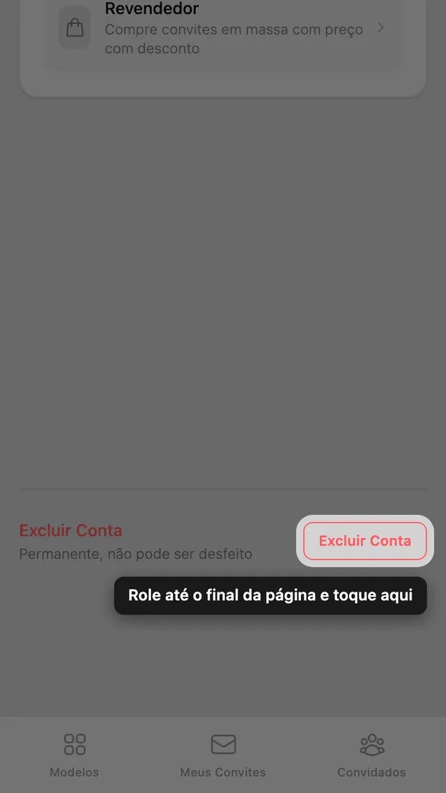 O botão de excluir conta no fim da página Conta