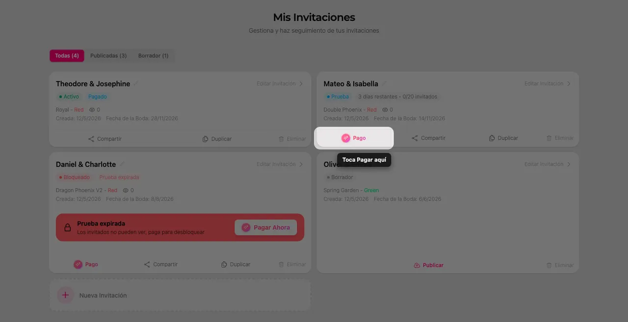 El botón Pagar en una tarjeta de invitación de la página Mis invitaciones