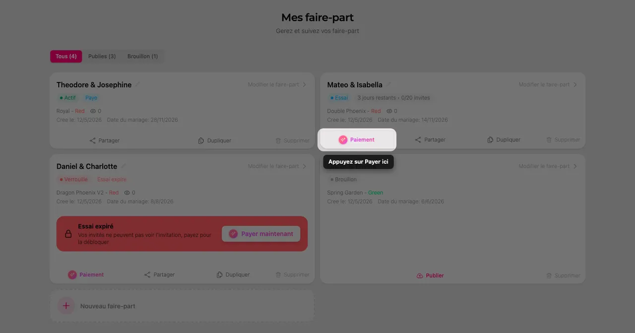 Le bouton Payer sur une carte de faire-part de la page Mes faire-part