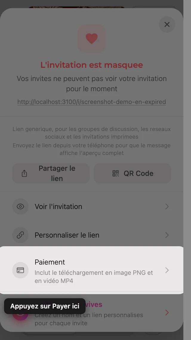 L'option de paiement dans le panneau Partager