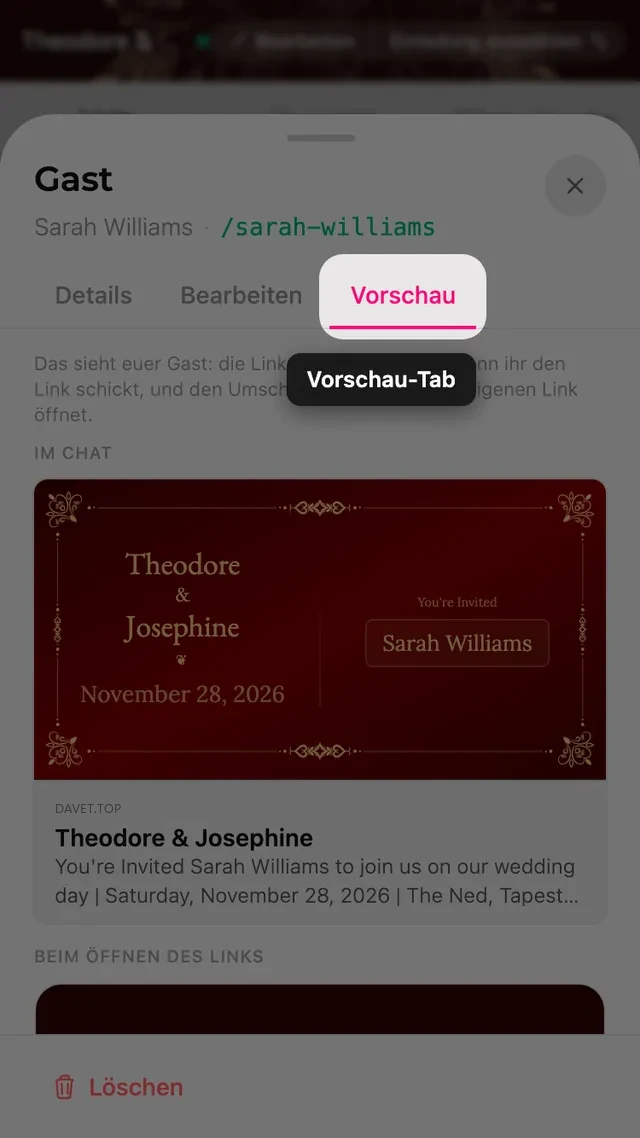 Der Vorschau-Tab eines Gastblatts, mit der Linkvorschau und dem Umschlag auf den Namen des Gastes