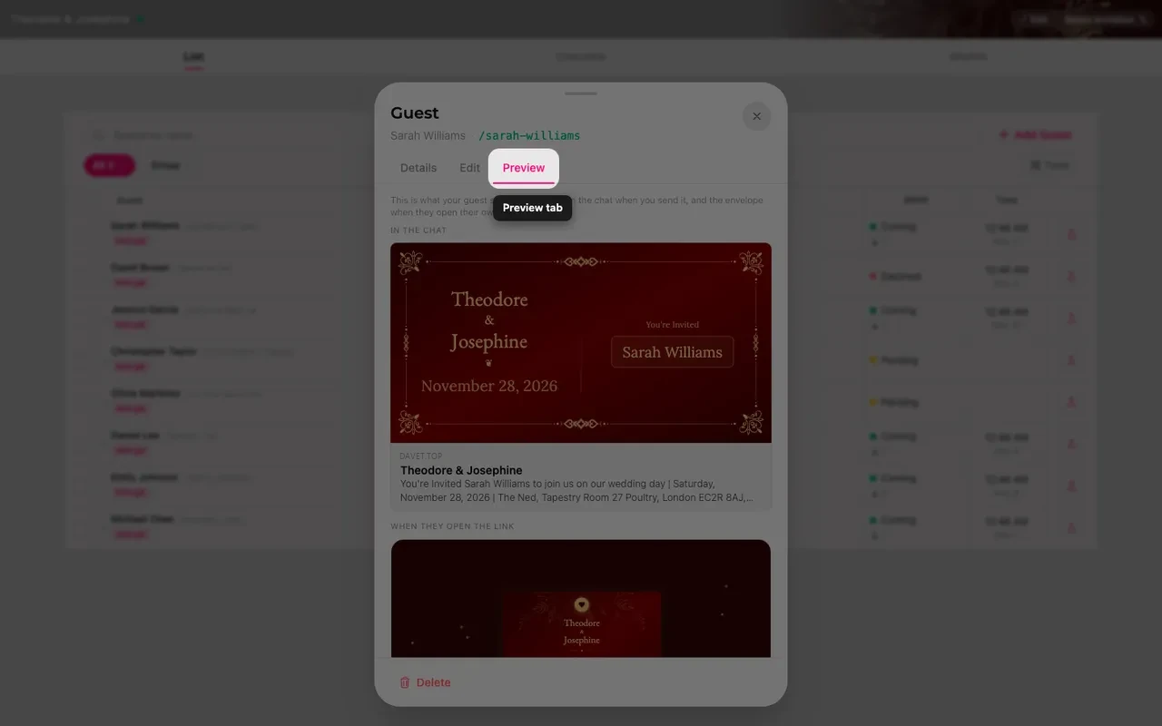 The preview tab of a guest sheet, showing the link card and the envelope with the guest's name