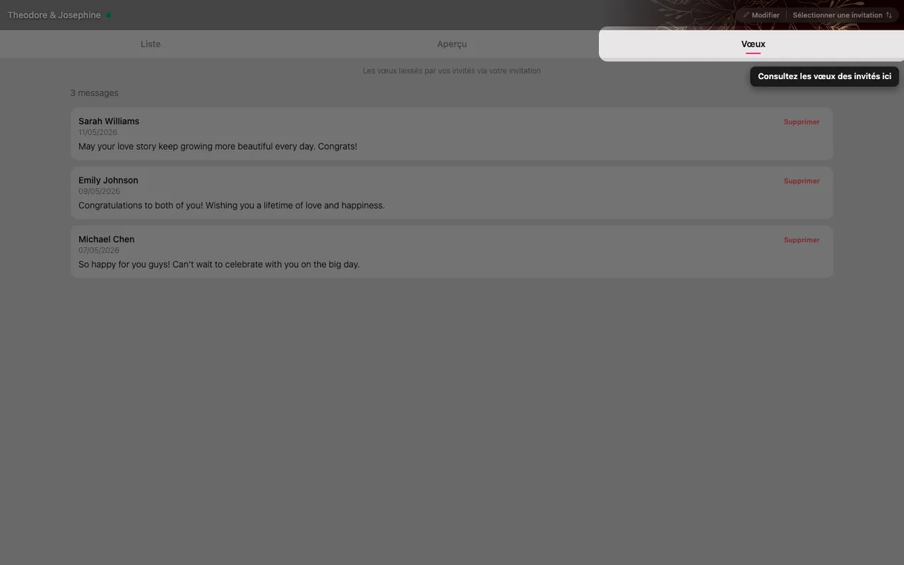 L'onglet Voeux, montrant les messages laissés par les invités