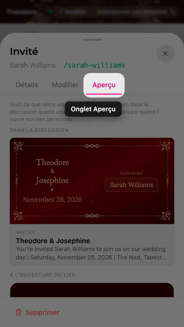 L'onglet aperçu d'une fiche invité, montrant l'aperçu du lien et l'enveloppe au nom de l'invité