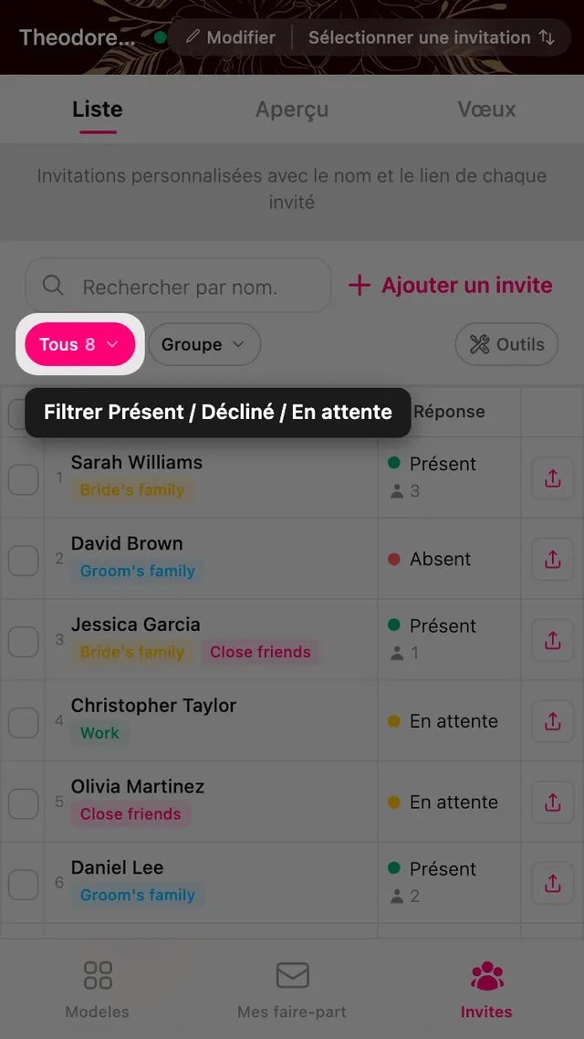 La pastille de filtre RSVP au-dessus de la liste des invités