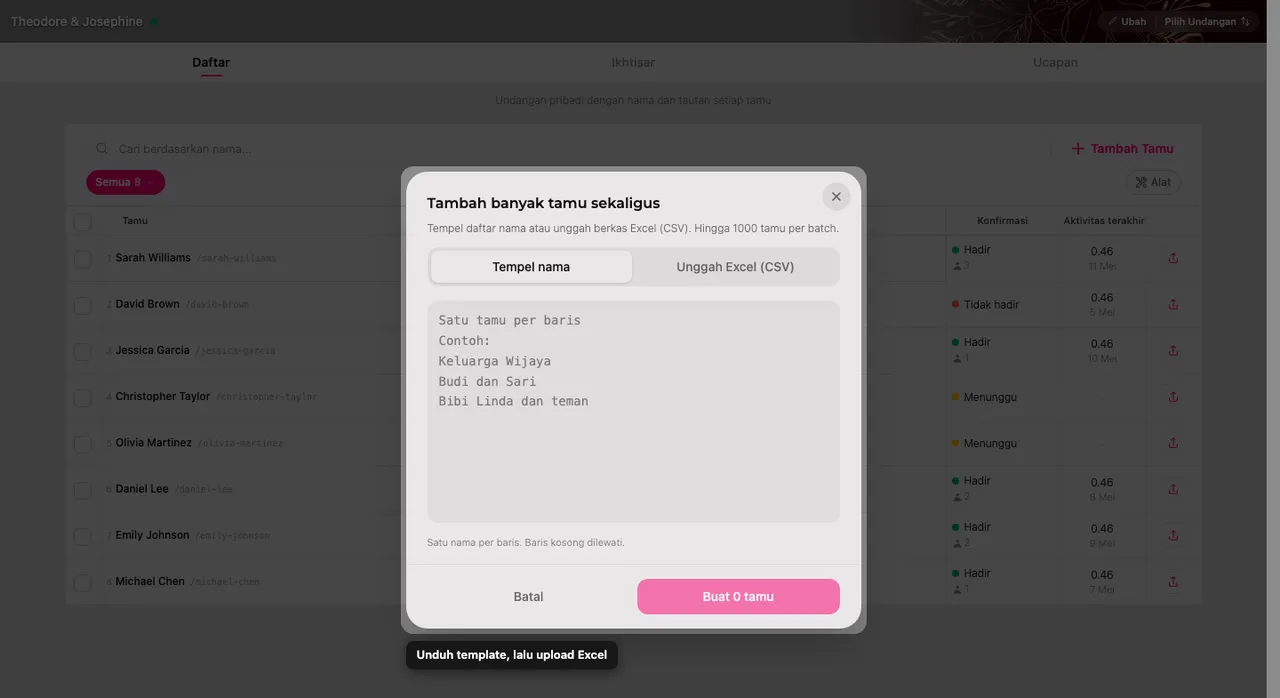 Panel tambah massal, dengan tab menempel nama dan tab mengunggah lembar kerja