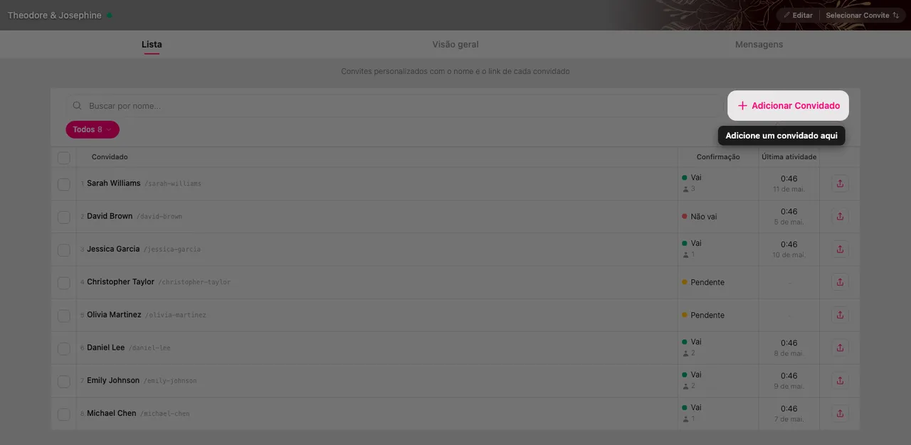 O botão Adicionar convidado no topo da lista