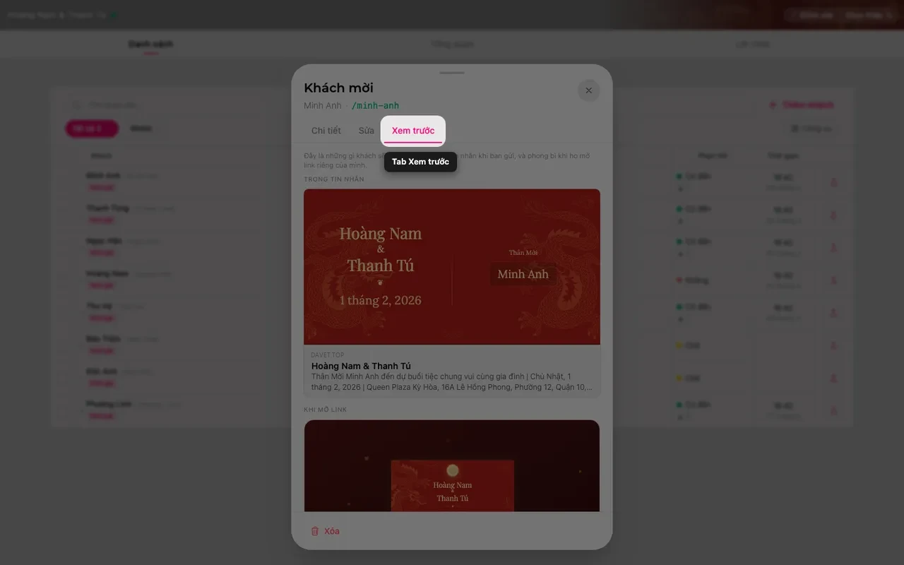 Tab Xem trước trong bảng chi tiết khách, hiện thẻ link và phong bì có tên khách