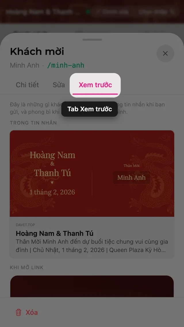 Tab Xem trước trong bảng chi tiết khách, hiện thẻ link và phong bì có tên khách