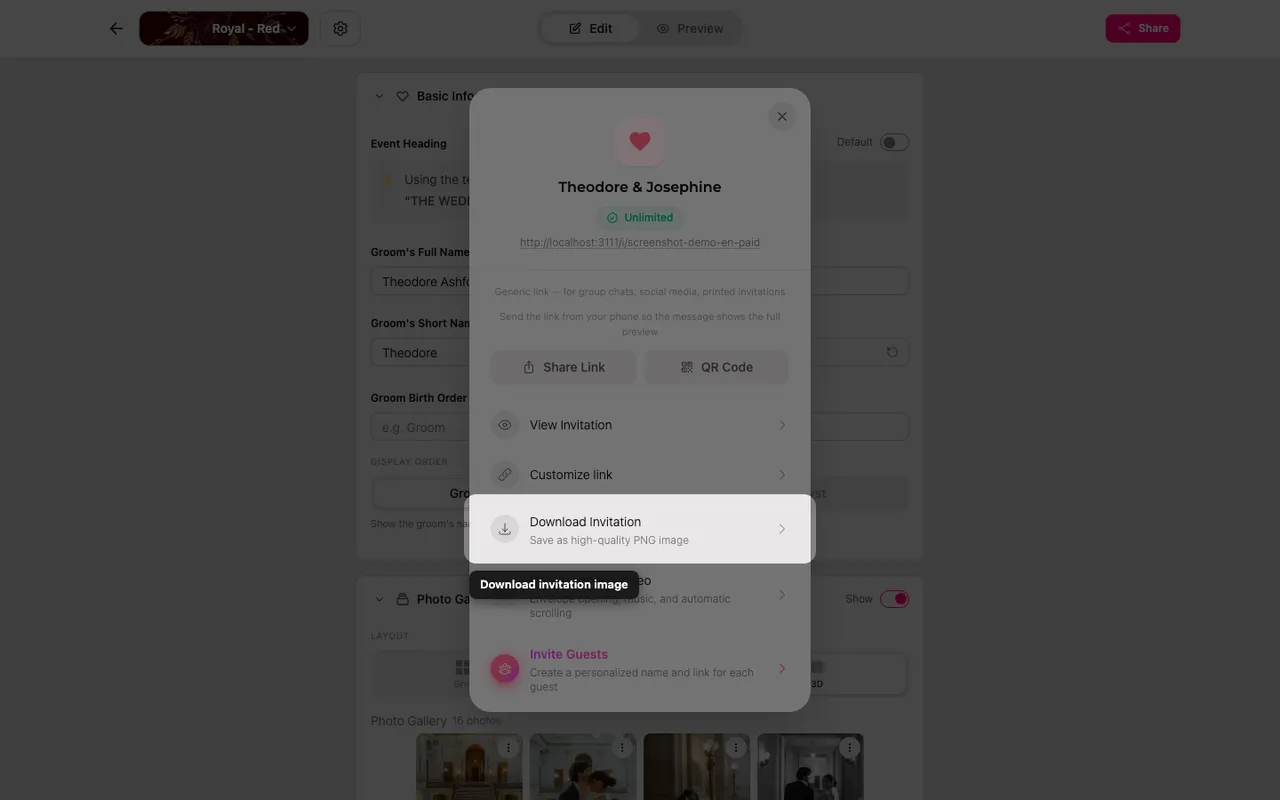 The download image button in the Share panel