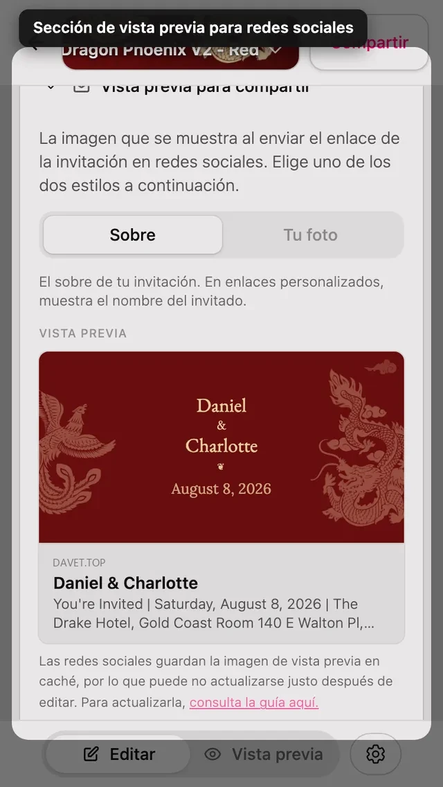 La sección de imagen de vista previa en el editor