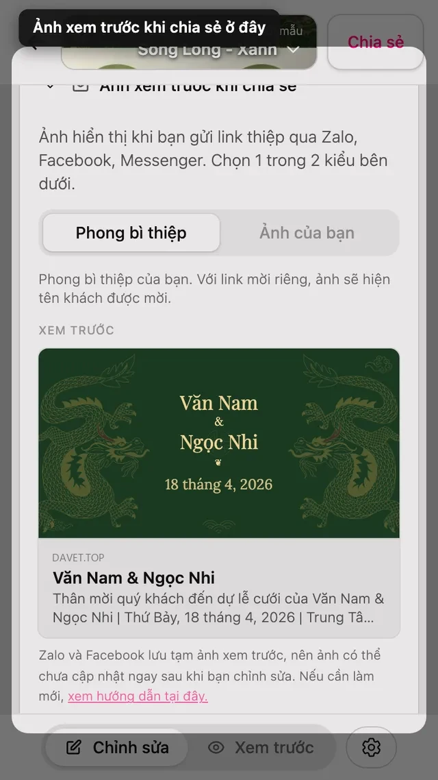Phần ảnh xem trước khi chia sẻ trong trình chỉnh sửa