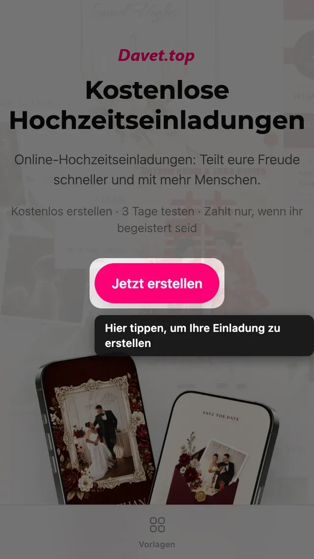 Die Schaltfläche zum Erstellen auf der Davet-Startseite