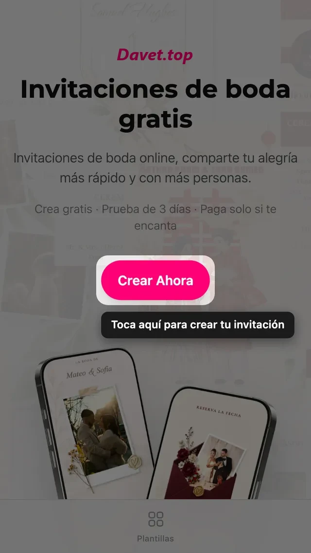 El botón de crear invitación en la página de inicio de Davet