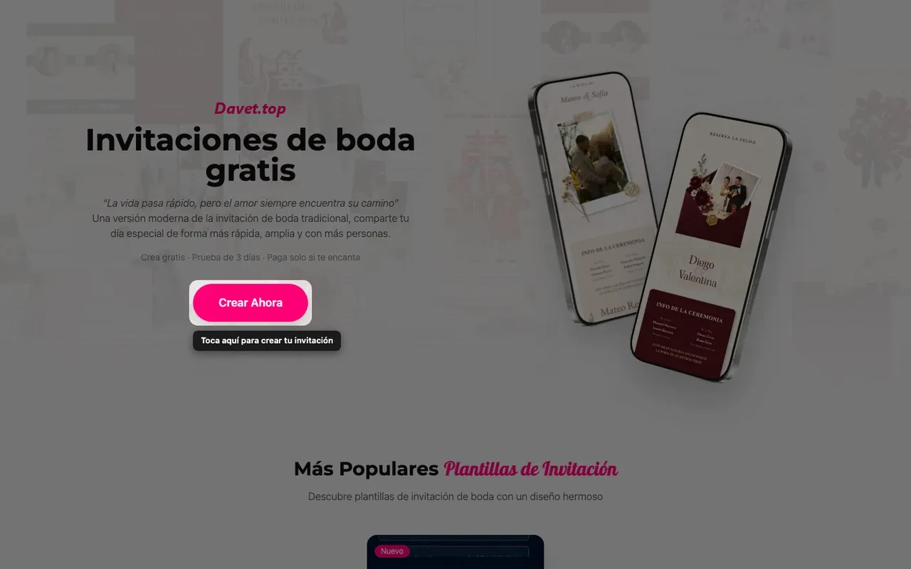 El botón de crear invitación en la página de inicio de Davet