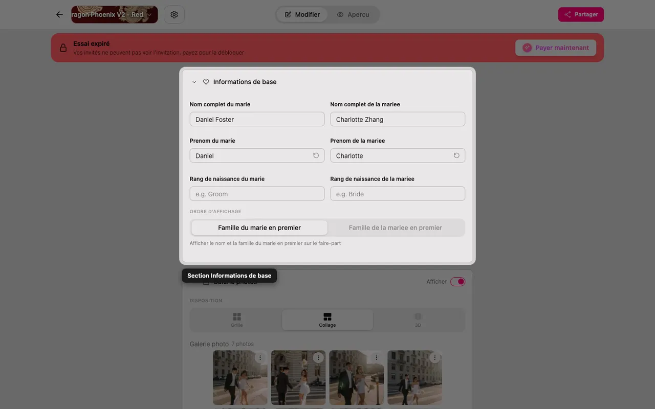 La section Informations de base dans l'éditeur
