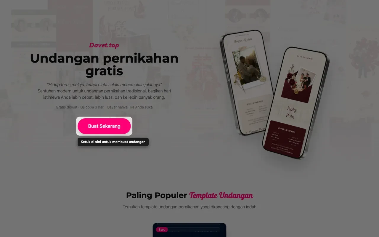 Tombol buat undangan di halaman depan Davet