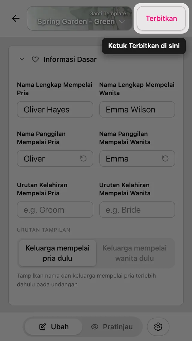 Tombol Terbitkan di bagian atas editor