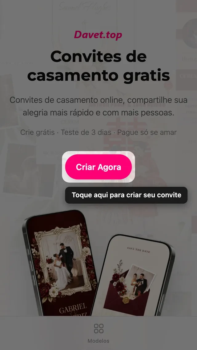 O botão de criar convite na página inicial da Davet