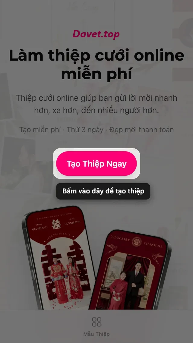 Nút tạo thiệp trên trang chủ Davet