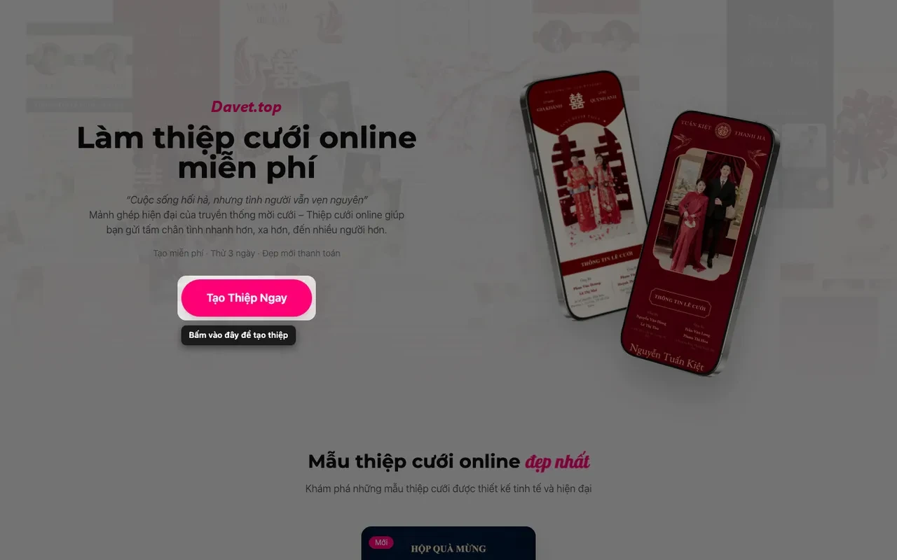 Nút tạo thiệp trên trang chủ Davet