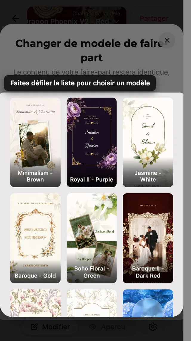 La liste des modèles dans l'éditeur