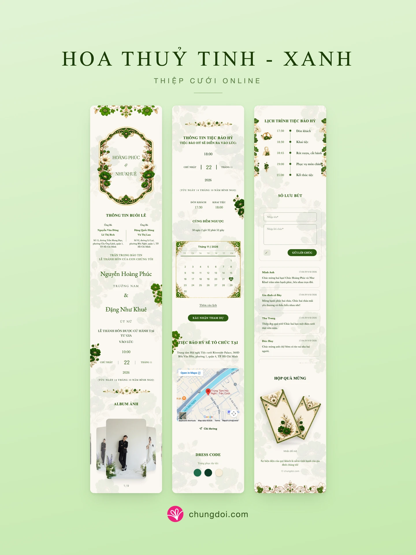 Toàn cảnh mẫu thiệp cưới Hoa Thuỷ Tinh - Xanh: ba phần của thiệp xếp cạnh nhau