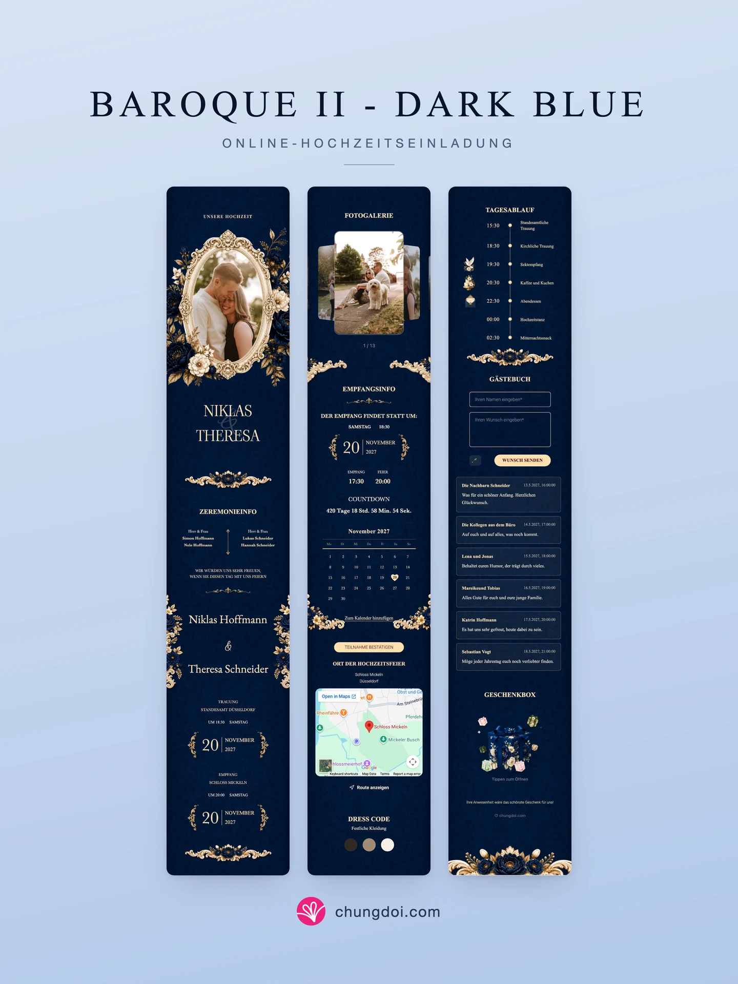 Gesamtansicht der Hochzeitseinladung Baroque II - Dark Blue: die drei Abschnitte nebeneinander