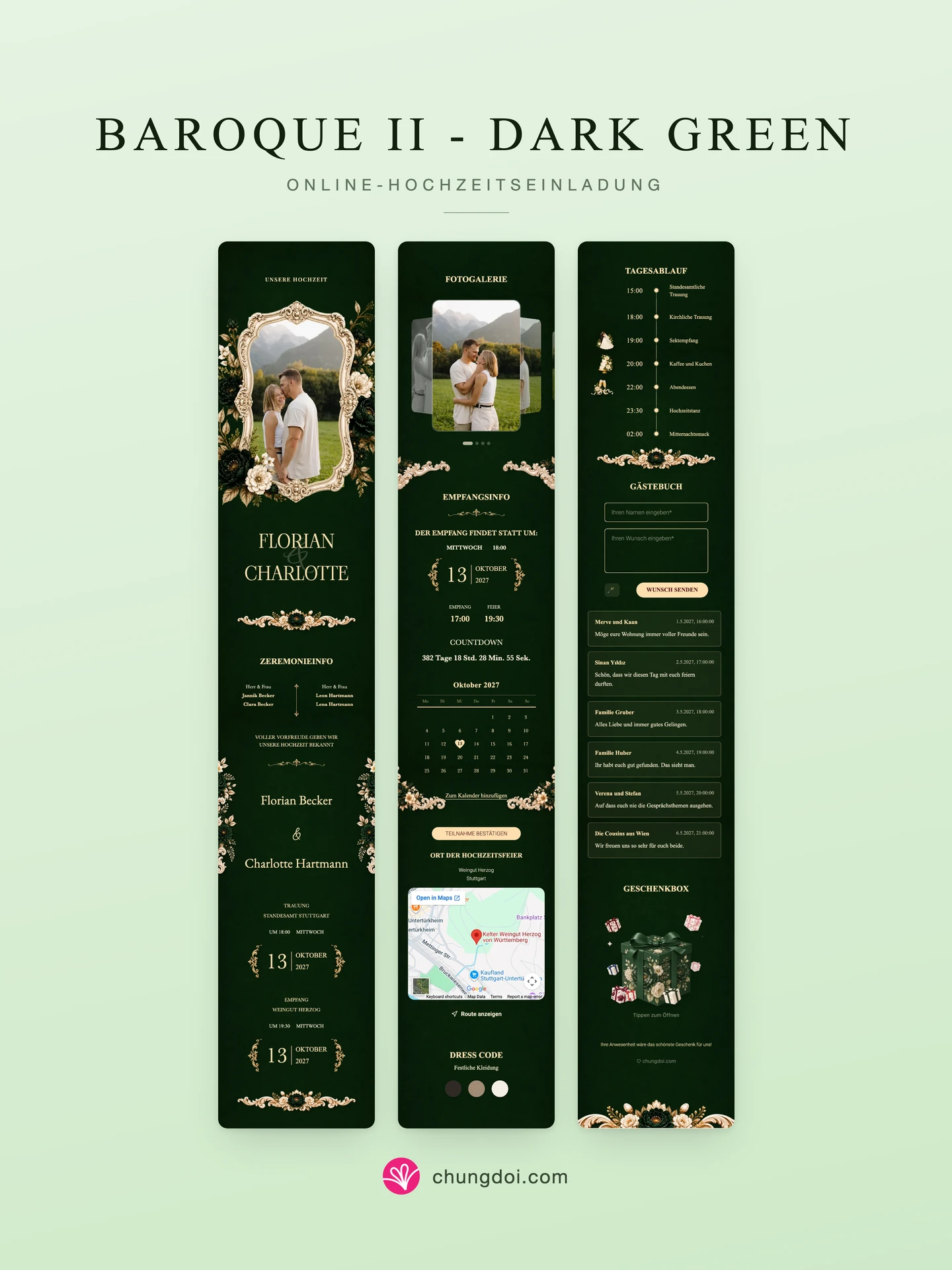 Gesamtansicht der Hochzeitseinladung Baroque II - Dark Green: die drei Abschnitte nebeneinander
