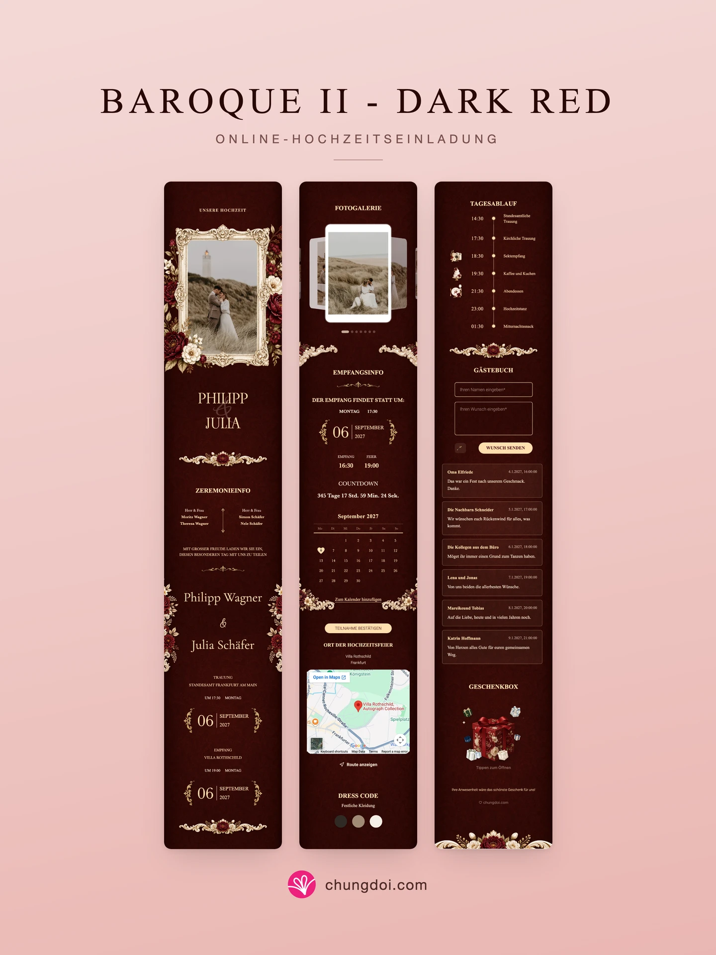 Gesamtansicht der Hochzeitseinladung Baroque II - Dark Red: die drei Abschnitte nebeneinander