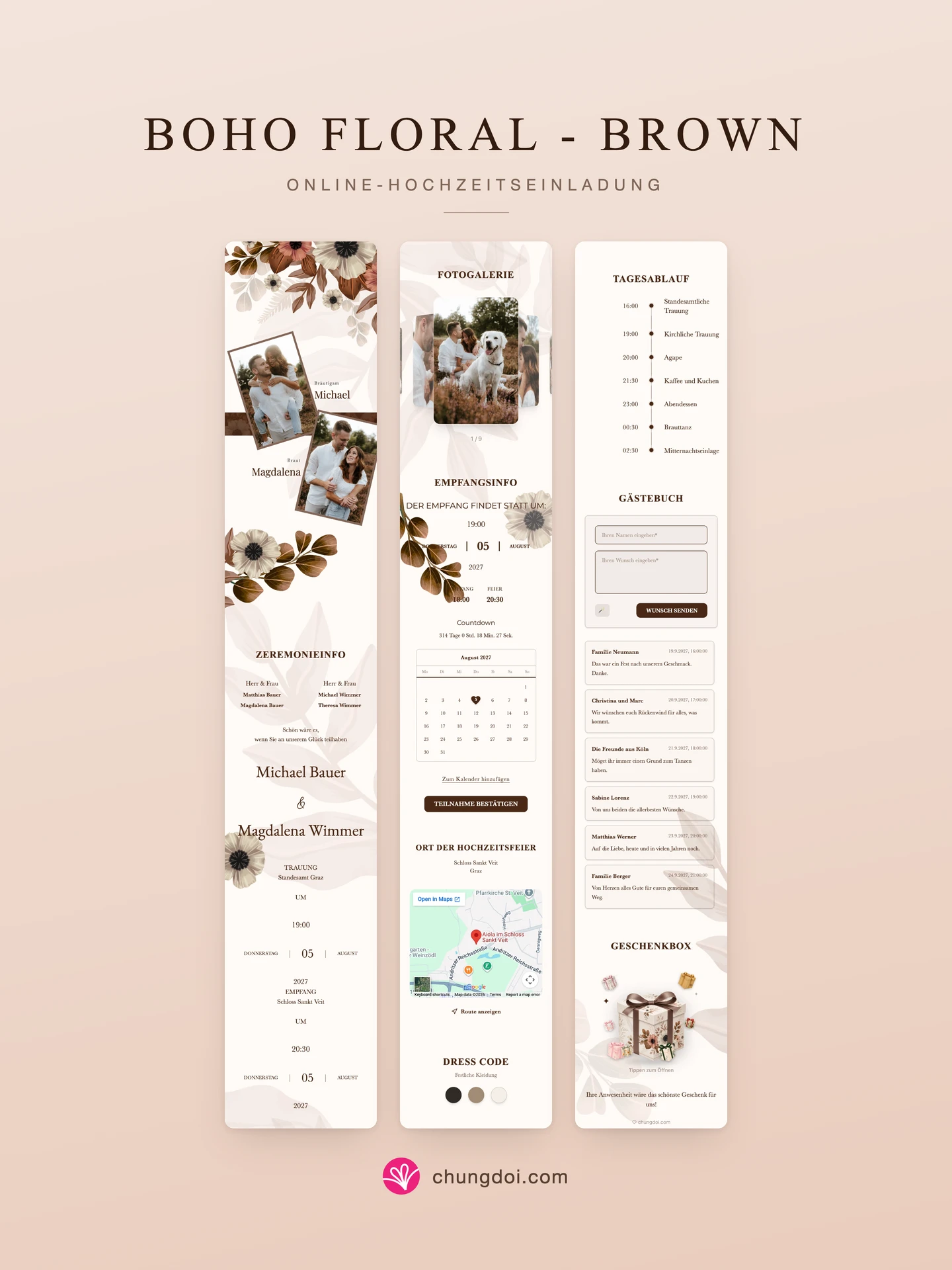 Gesamtansicht der Hochzeitseinladung Boho Floral - Brown: die drei Abschnitte nebeneinander