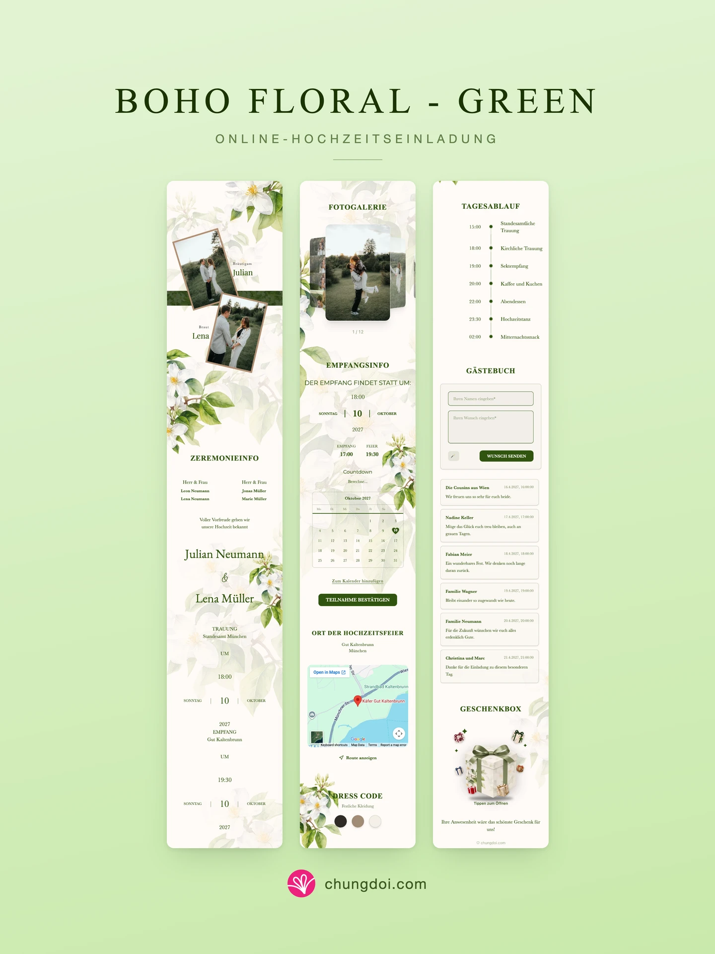 Gesamtansicht der Hochzeitseinladung Boho Floral - Green: die drei Abschnitte nebeneinander