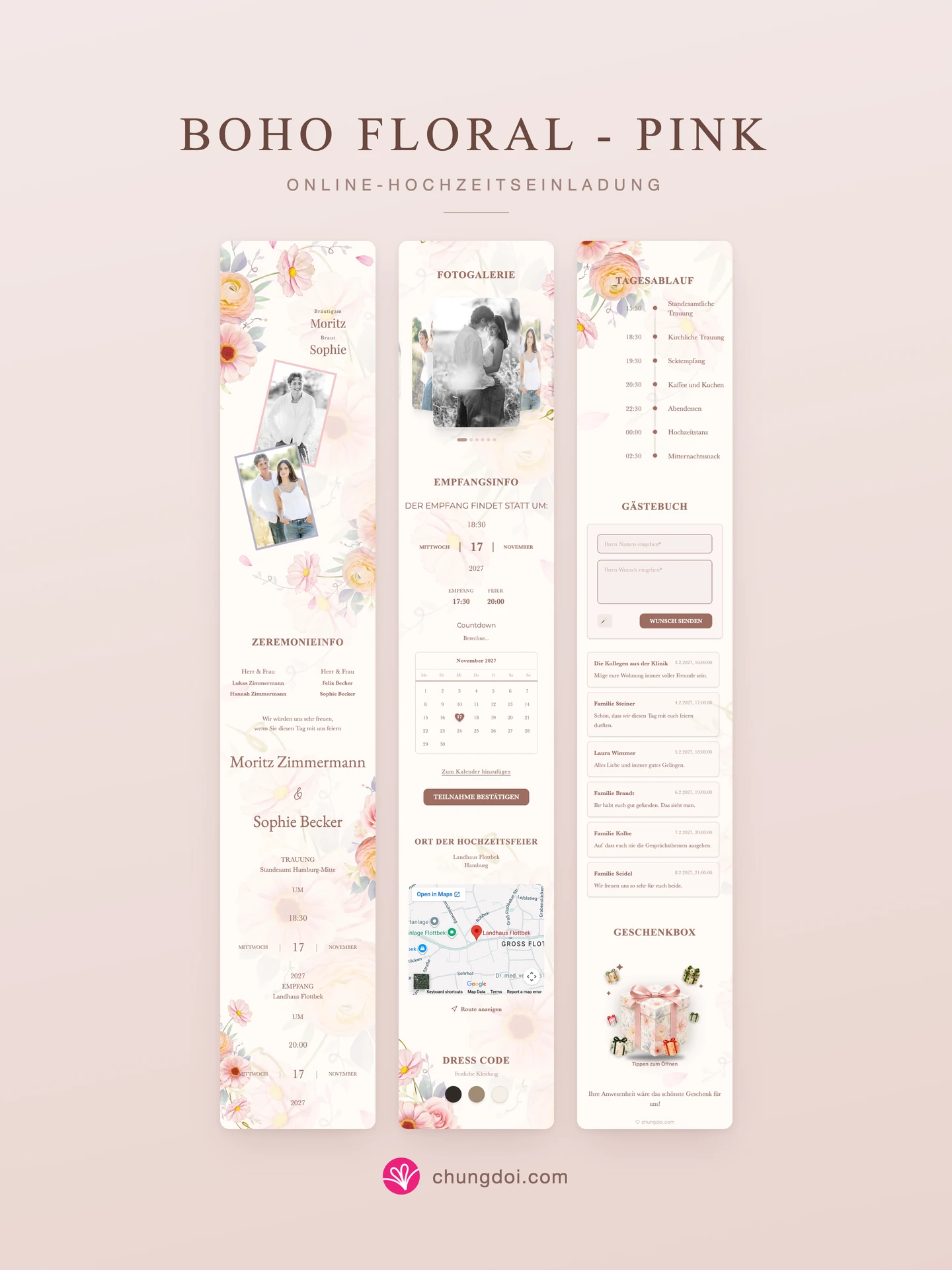 Gesamtansicht der Hochzeitseinladung Boho Floral - Pink: die drei Abschnitte nebeneinander