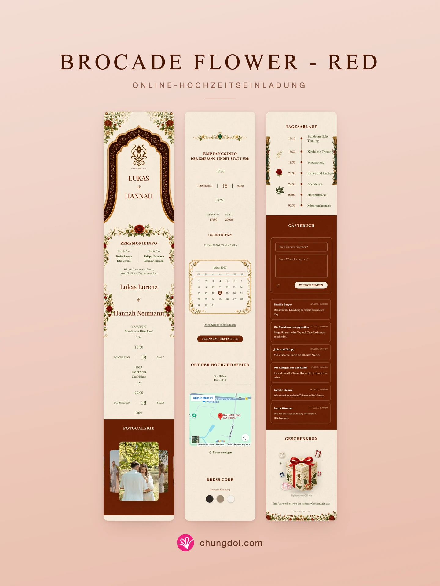 Gesamtansicht der Hochzeitseinladung Brocade Flower - Red: die drei Abschnitte nebeneinander