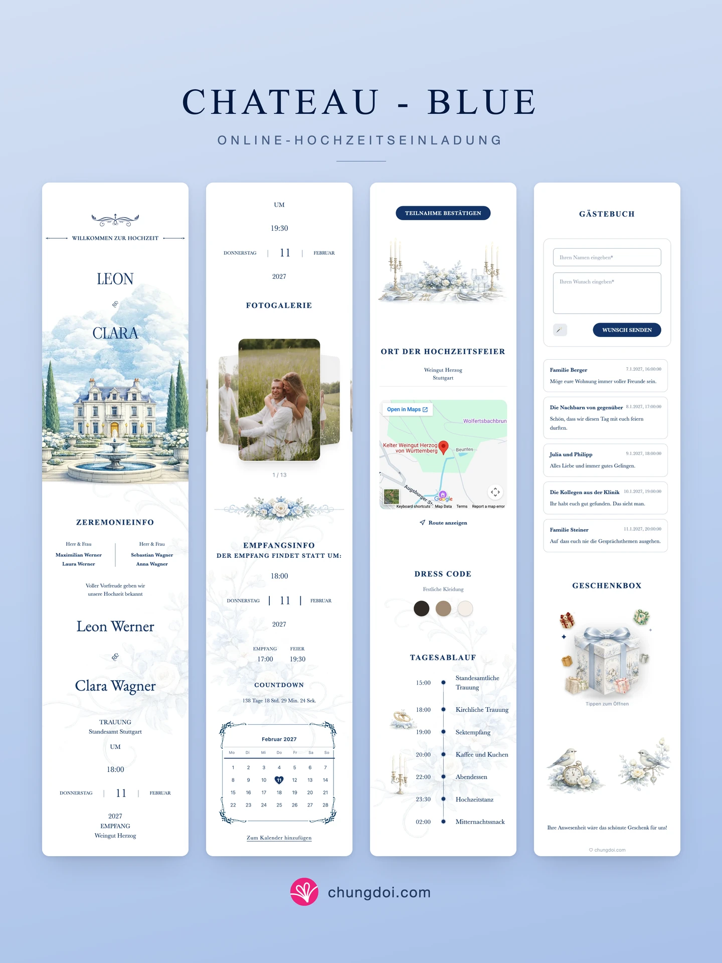 Gesamtansicht der Hochzeitseinladung Chateau - Blue: die drei Abschnitte nebeneinander