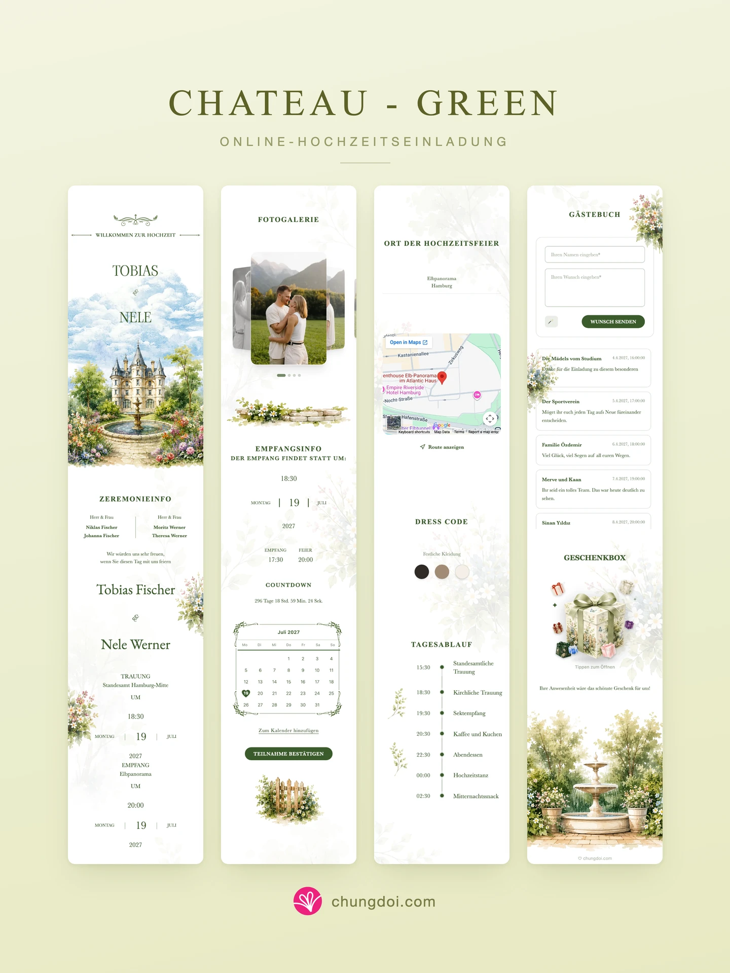 Gesamtansicht der Hochzeitseinladung Chateau - Green: die drei Abschnitte nebeneinander
