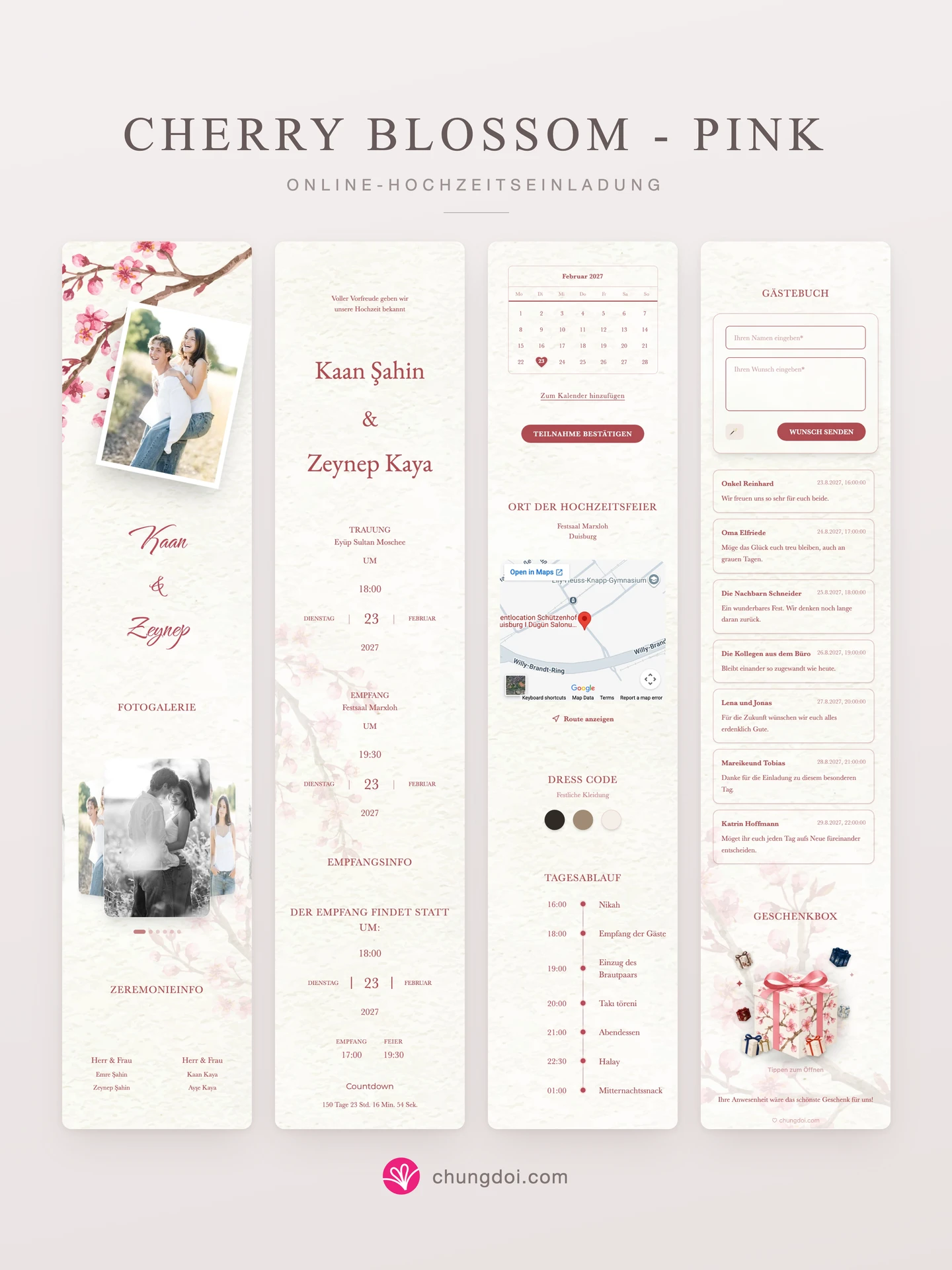 Gesamtansicht der Hochzeitseinladung Cherry Blossom - Pink: die drei Abschnitte nebeneinander