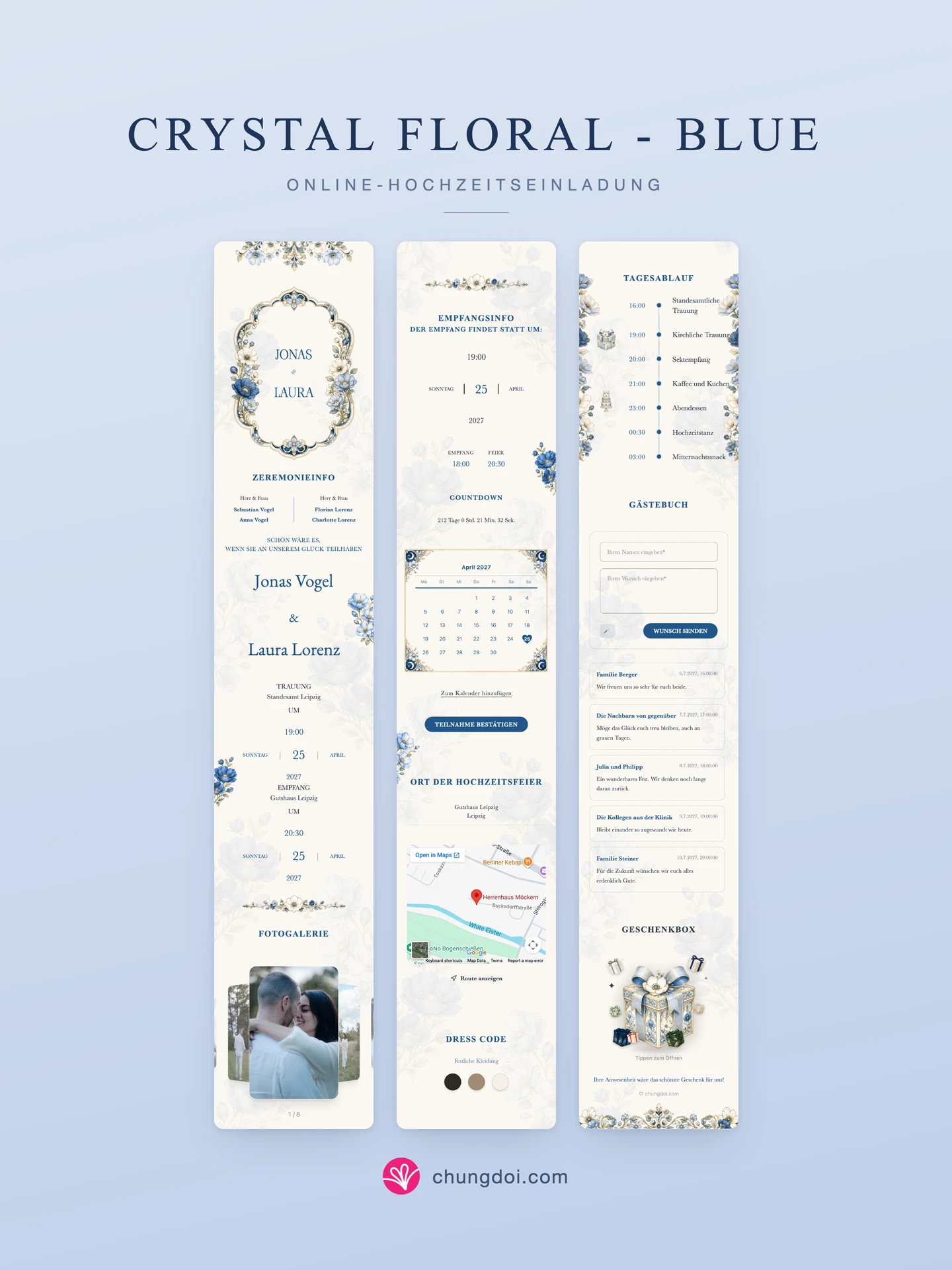 Gesamtansicht der Hochzeitseinladung Crystal Floral - Blue: die drei Abschnitte nebeneinander