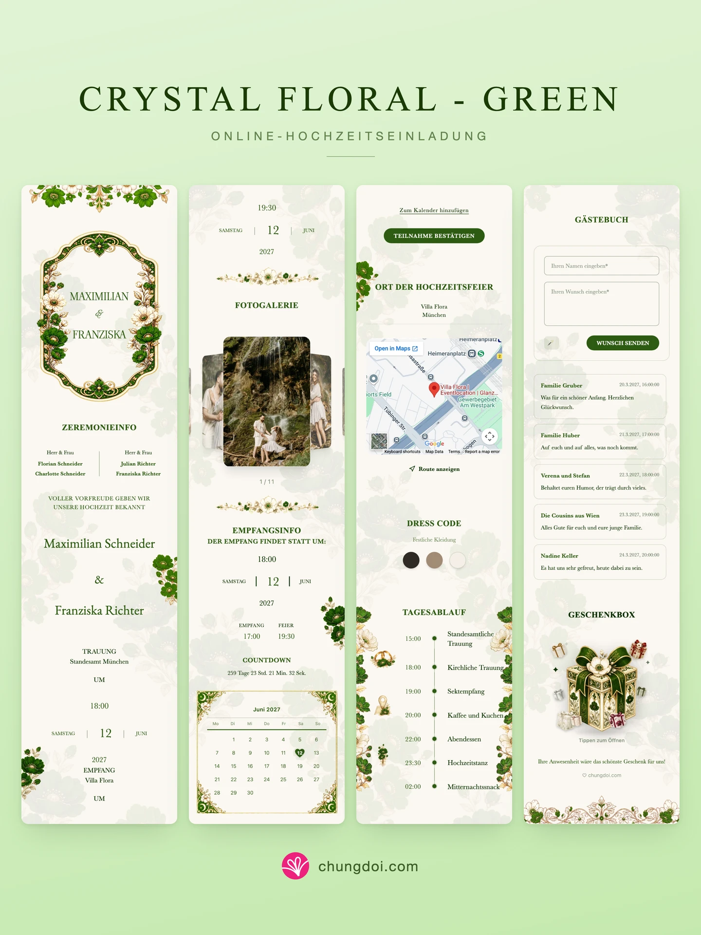 Gesamtansicht der Hochzeitseinladung Crystal Floral - Green: die drei Abschnitte nebeneinander