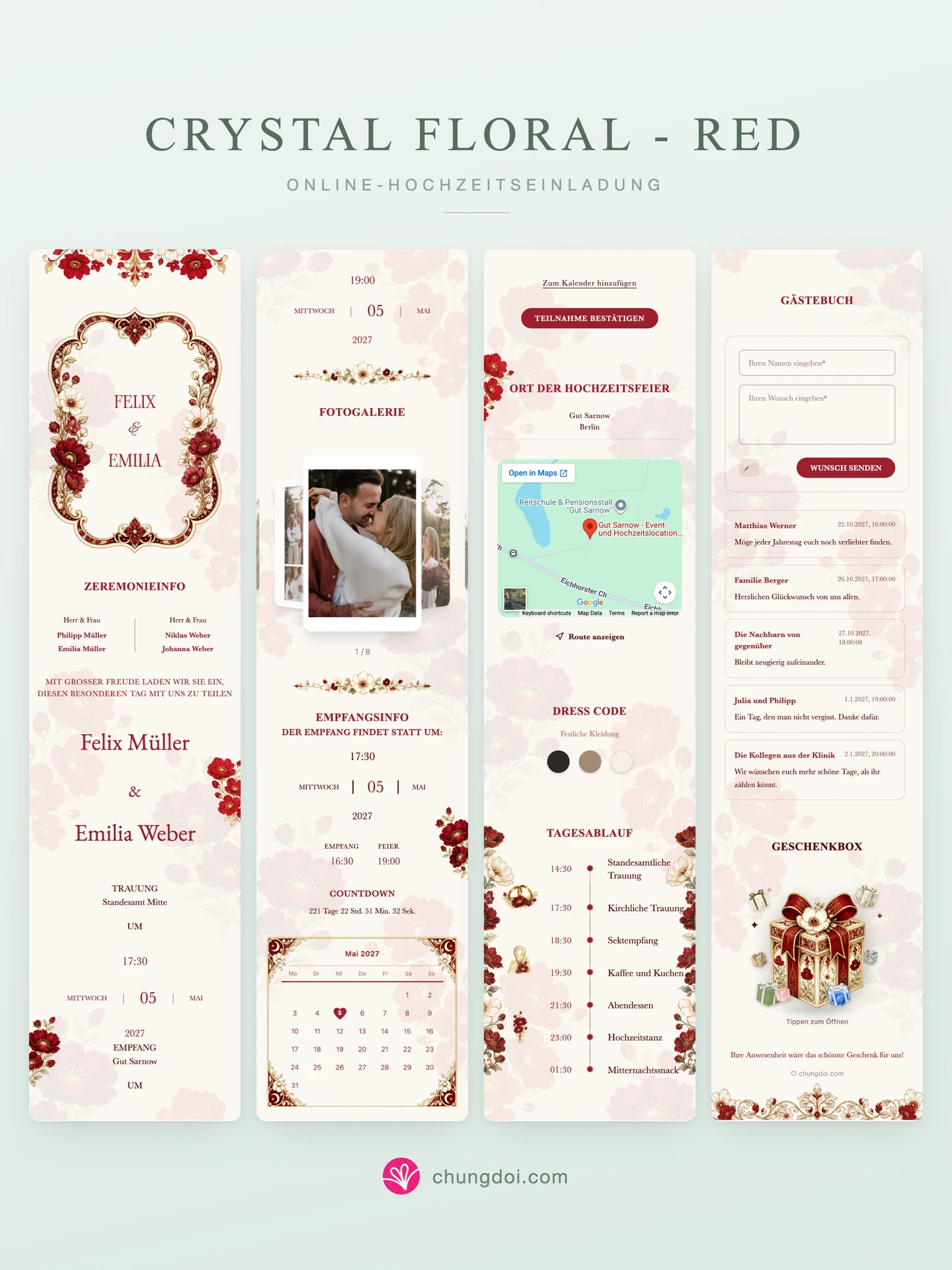 Gesamtansicht der Hochzeitseinladung Crystal Floral - Red: die drei Abschnitte nebeneinander
